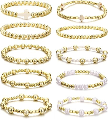 BOMAIL 10pcs Gold Beaded Bracelets for Women - Non Tarnish 14K Gold Plated Stackable Pearl Cross ... | Amazon (US)