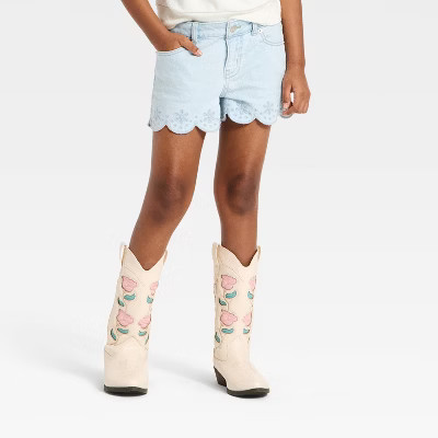 Girls' Mid-Rise Scallop-Hem Embroidered Jean Shorts - Cat & Jack™ Light Wash L Plus | Target