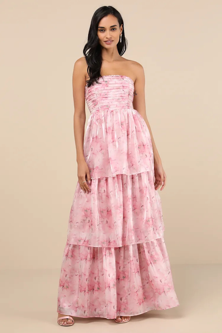 Kamella Light Pink Floral Pleated Strapless Tiered Maxi Dress | Lulus
