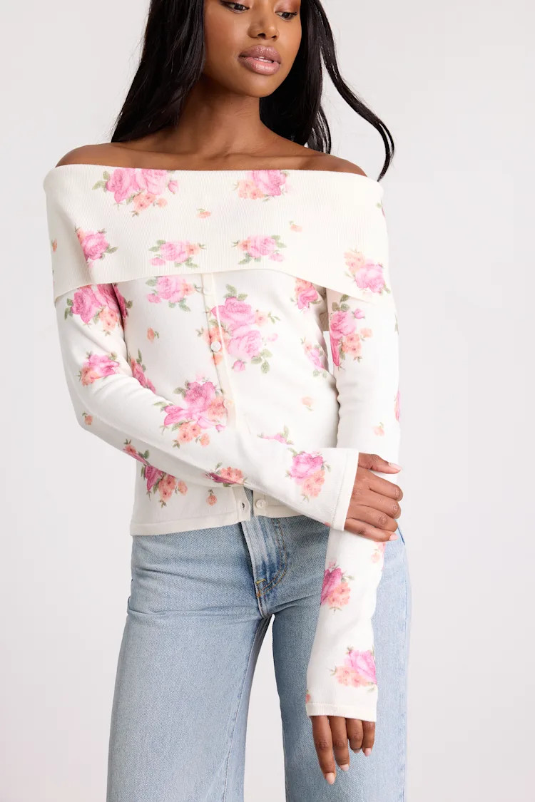 Prina Ivory Rose Print Off-the-Shoulder Sweater Top | Lulus