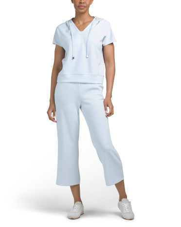 2pc Scuba Extended Shoulder V-neck Hooded Top And Crop Pants Set for Women | Polyester/Spandex/Rayon | Marshalls