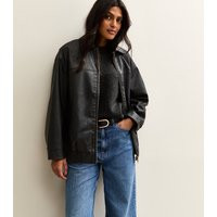 Women's Black Oversized Washed Faux Leather Jacket New Look | New Look (UK)