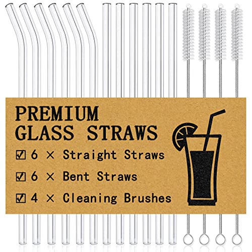 Piteno® 16-Pack Reusable Glass Straws, Clear Glass Drinking Straws, 10''x10MM, Set of 6 Straight and 6 Bent with 4 Cleaning Brushes, Perfect for Smoothies, Milkshakes, Juice, Tea | Amazon (US)