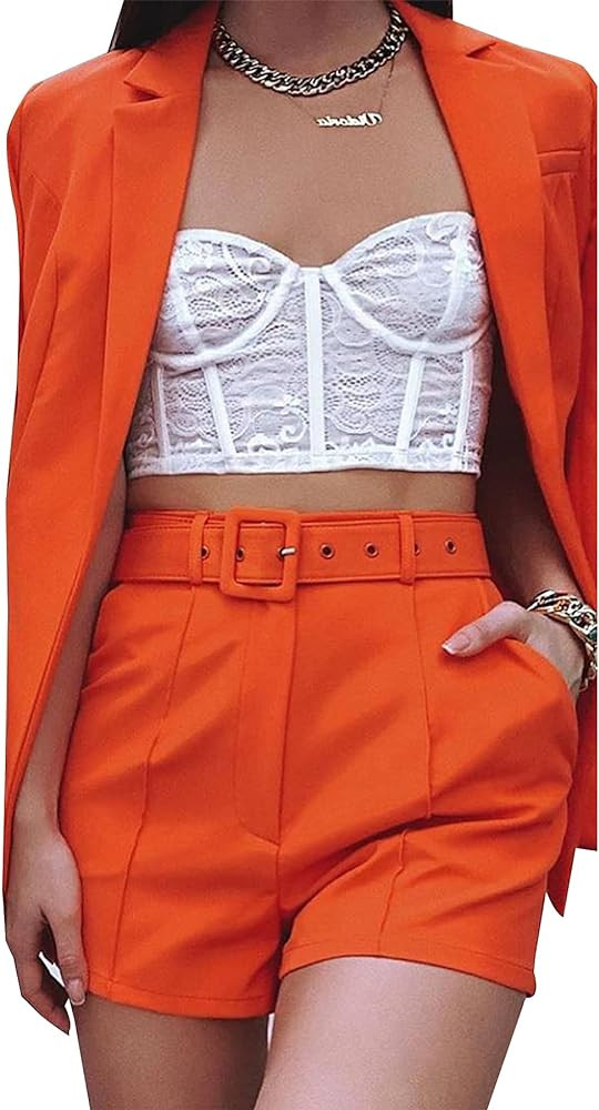 Tcremisa Blazer Shorts Set for Women Elegant 2 Piece Business Outfits Long Sleeve Open Front Blazer  | Amazon (US)