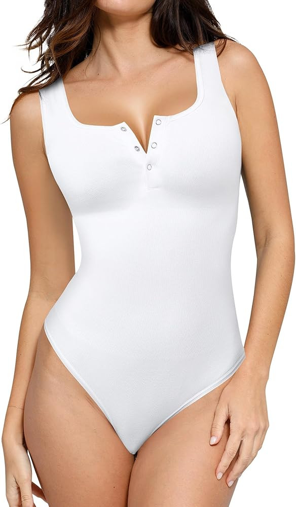 Popilush Bodysuits for Women Tummy Control Henley Going Out Shirts Button Down Body Suit Casual T... | Amazon (US)