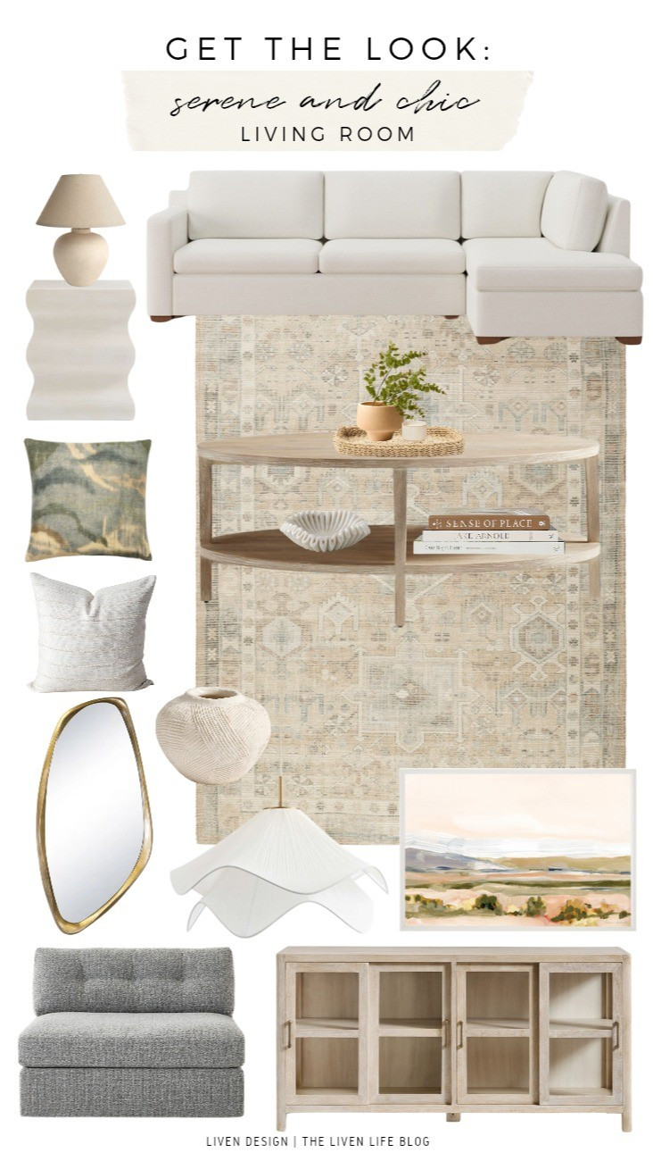 Serene and chic living room. Home decor. Whitewash wood coffee table. Sideboard. Entertainment cabinet. Sectional sofa. Persian rug. Traditional rug. Ceramic beige lamp. White side table. West Elm pillow. Landscape painting. Marble ruffled bowl. White chandelier. Wavy chandelier. Armless upholstered accent chair. Asymmetrical mirror. Earthenware vase. Woven tray. Curved accent table

#LTKSeasonal #LTKHome #LTKSaleAlert