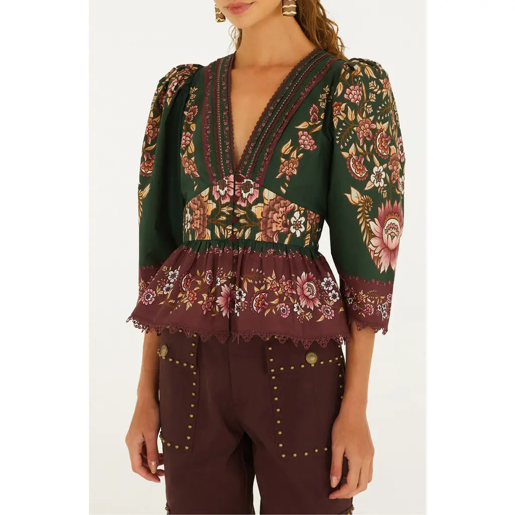 FARM Rio Daniela Floral Cotton Top in Daniela Green at Nordstrom, Size Small | Nordstrom