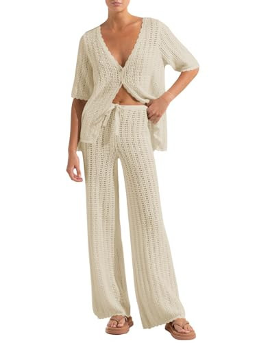 Imily Bela Women's Summer 2 Piece Swimsuit Cover up Crochet Knit Cardigan Tops Long Pants Set Bathing Suit Beach Outfit | Amazon (US)