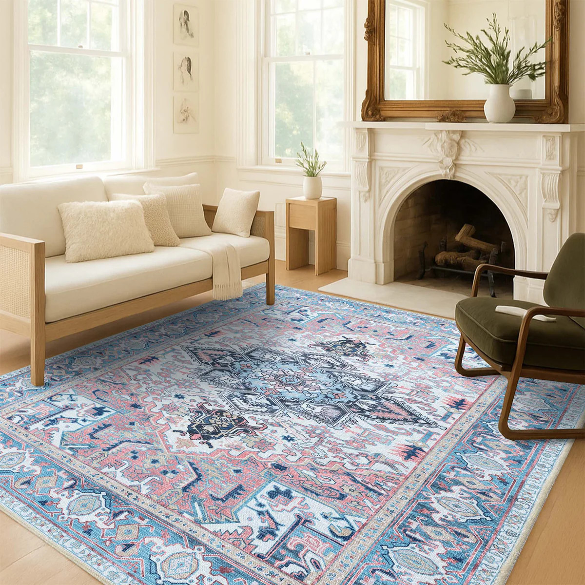 Marielle Navy Pink Heriz Modern Persian Rug | Fame Rugs