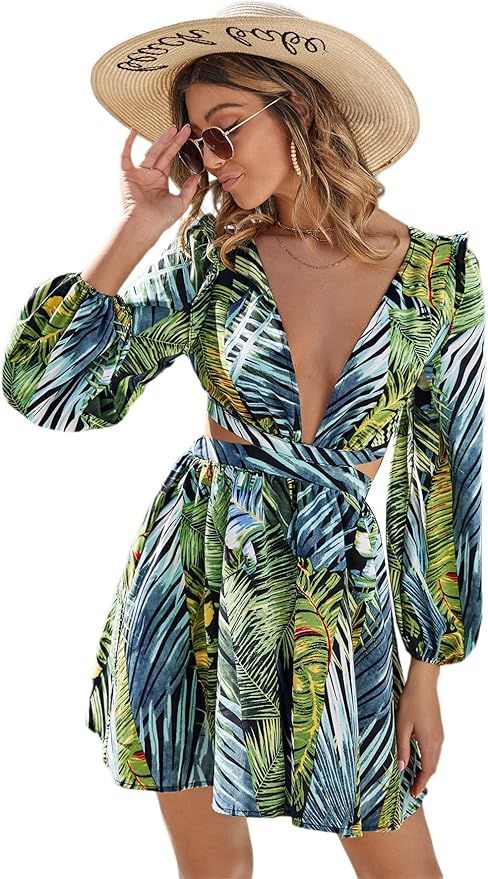 Floerns Women's Tropical Print V Neck Long Sleeve Tie Back A Line Short Dress | Amazon (US)