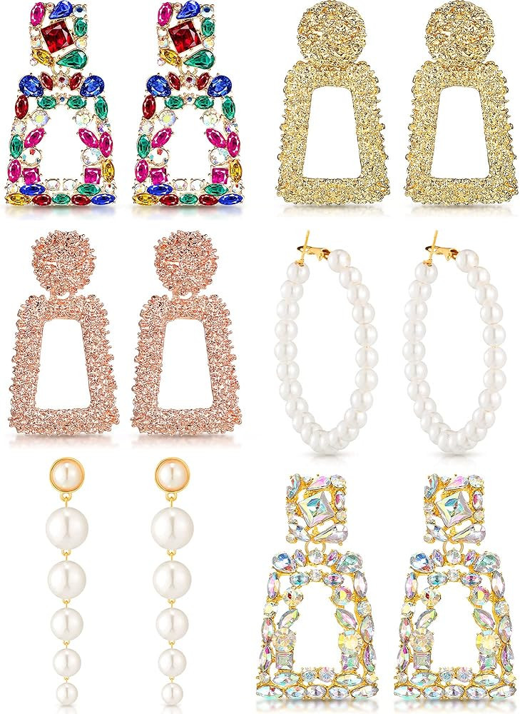 6 Pairs Rhinestone Rectangle Dangle Earrings Statement Geometric Drop Earrings Crystal Earrings D... | Amazon (US)