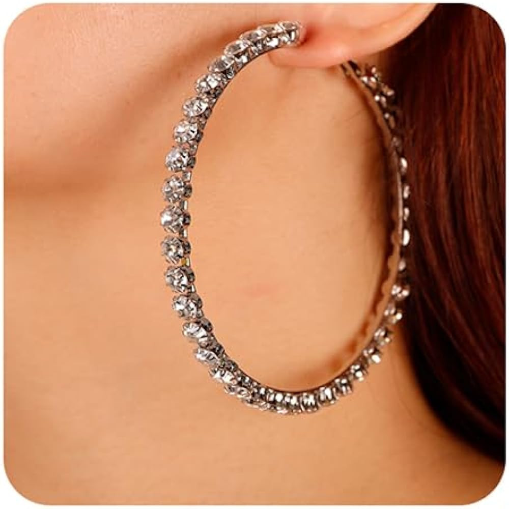 Missgrace Silver Shiny Sexy Rhinestones Hoop Earrings Big Circle Rhinestones Hoop Earrings Rhines... | Amazon (US)