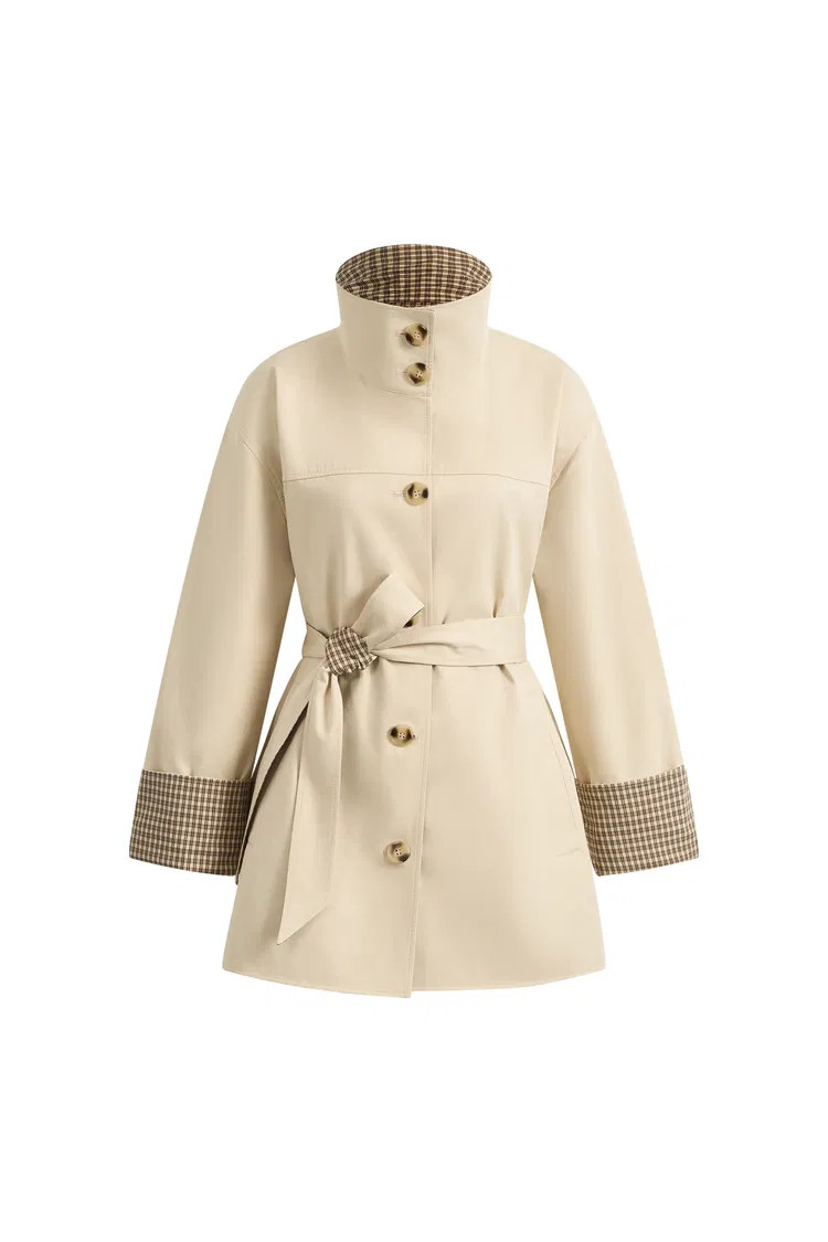 Sita Check Panel Belted Cropped Trench Coat In Trench Cotton | Fabrique