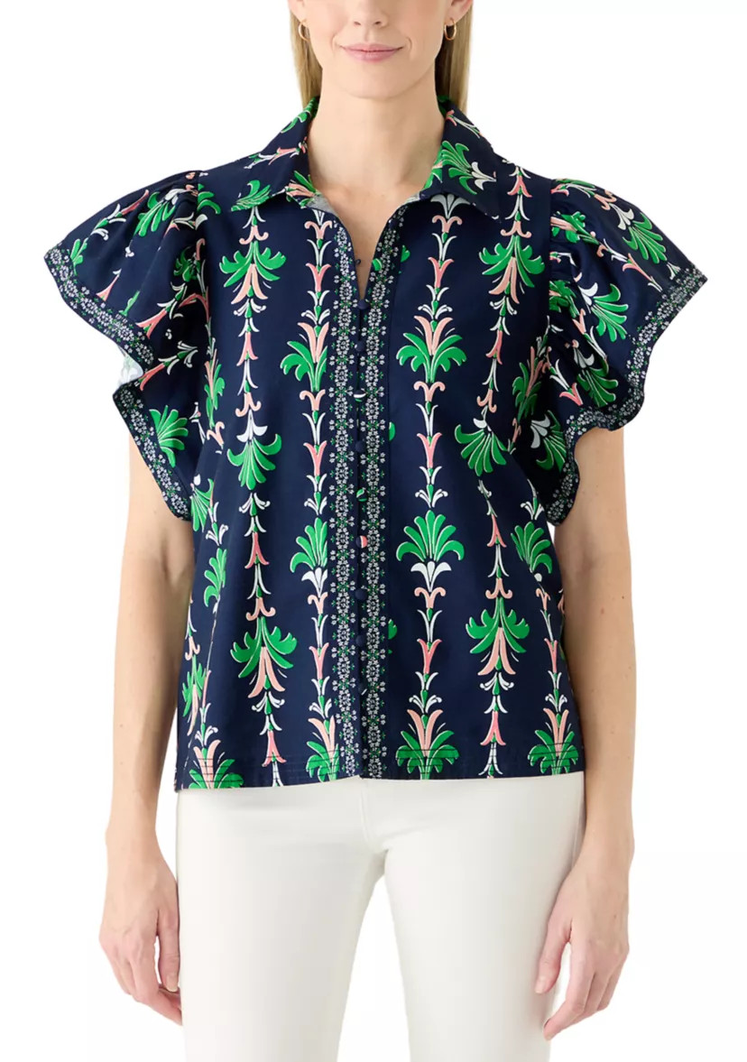 Women's Short Flutter Sleeve Poplin Top | Belk