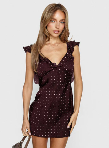 Kamillah Frill Mini Dress Burgundy Polka Dot | Princess Polly US