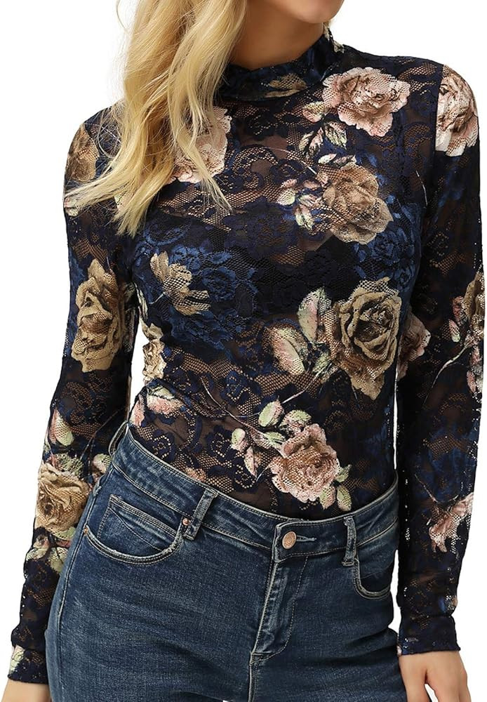 GRACE KARIN Women Long Sleeeve Mesh Lace Shirt Sheer See Through Top Blouse | Amazon (US)
