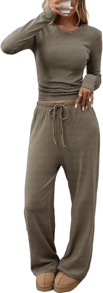 CHYRII Womens Two Piece Sets Fall Fashion Striped Long Sleeve Tops Wide Leg Palazzo Pants Outfits... | Amazon (US)