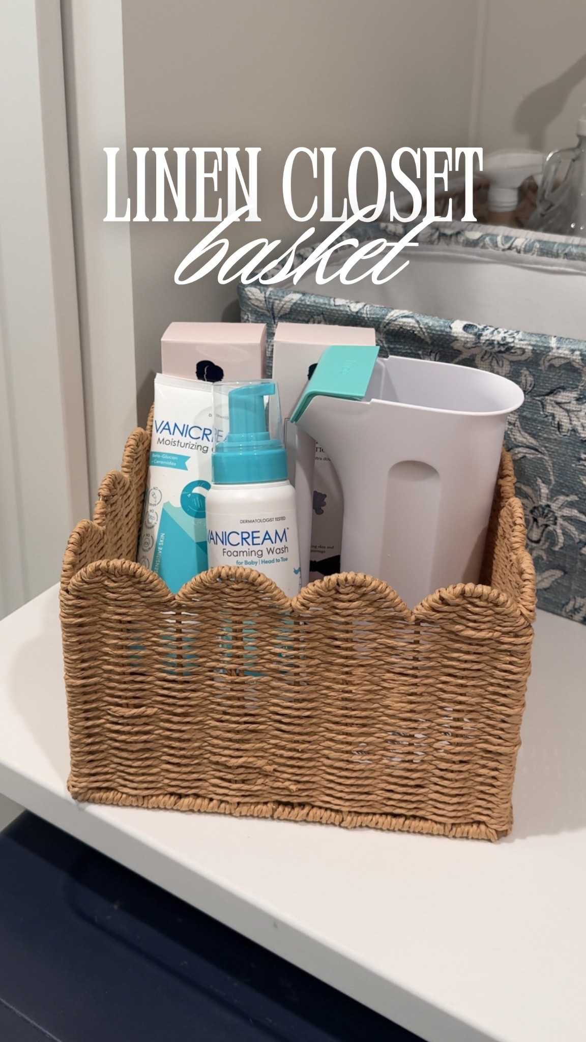 How cute are these scalloped baskets for linen closet organization? Perfect for baby bath stuff, wash cloths, and hand towels!

#LTKHome