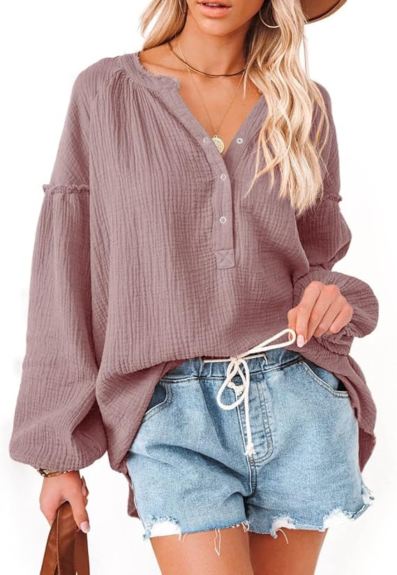 Shemoday Womens Sweatshirt White Oversized V Neck Henley Shirts Button Hoodies Long Sleeve Casual... | Amazon (US)