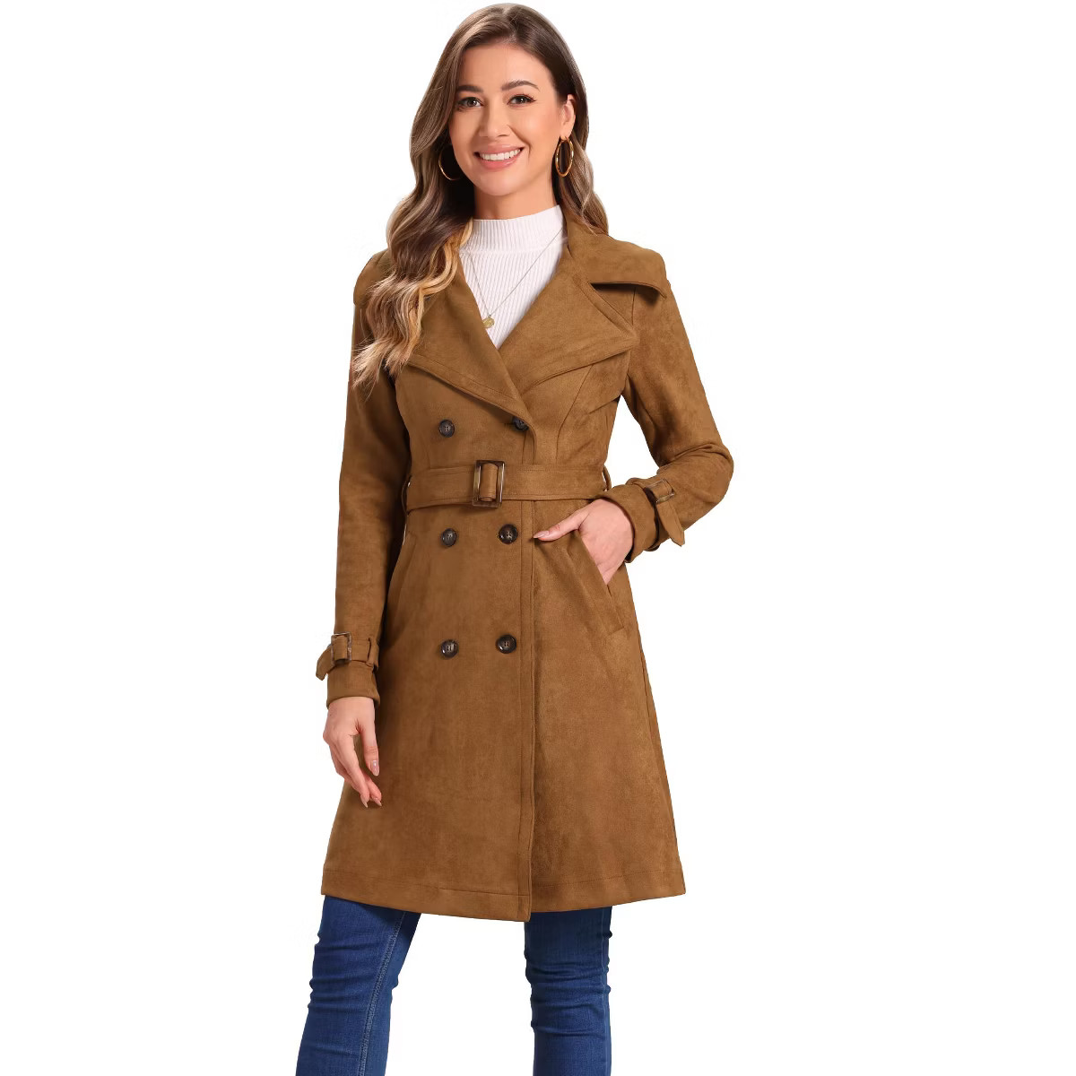 Allegra K Women's Faux Suede Notched Lapel Strap Cuff Solid Double Breasted Tie Belt Trench Coat ... | Target