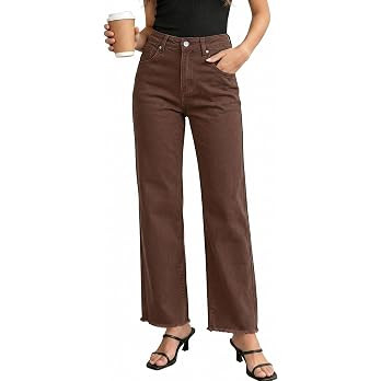 GRAPENT Straight Leg Jeans for Women High Waisted Stretchy Frayed Raw Hem Loose Denim Pants Casua... | Amazon (US)