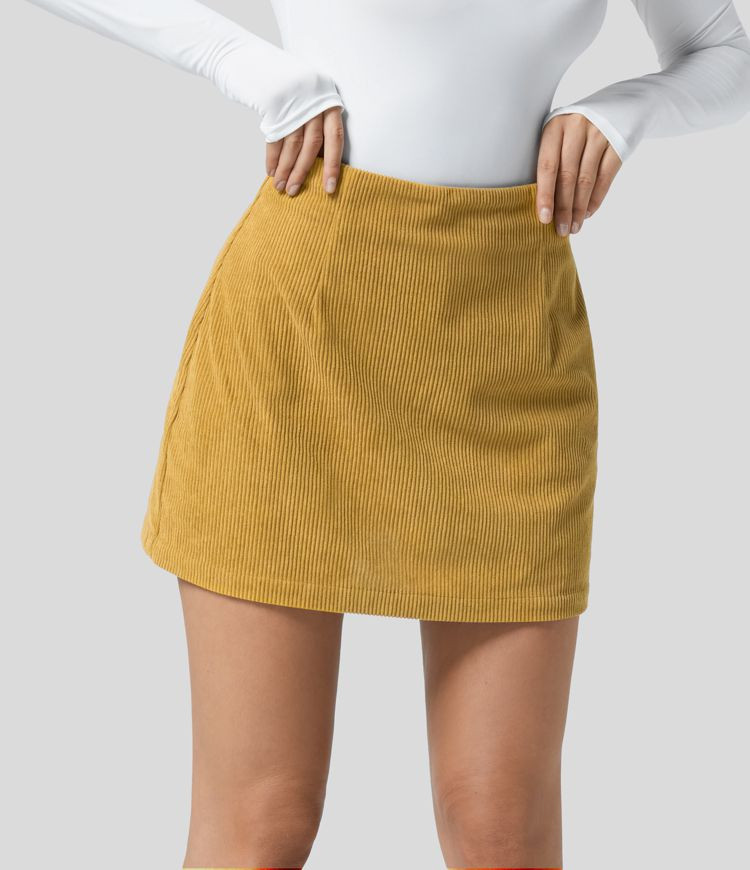 Women’s High Waisted Invisible Zipper 2-in-1 A Line Mini Corduroy Casual Skirt - Halara | HALARA
