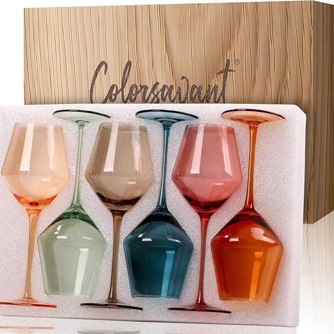 Colored Wine Glasses Set of 6-16oz Colorful Wine Glass with Stem【HandBlown】 Muted Wine Glasse... | Amazon (US)