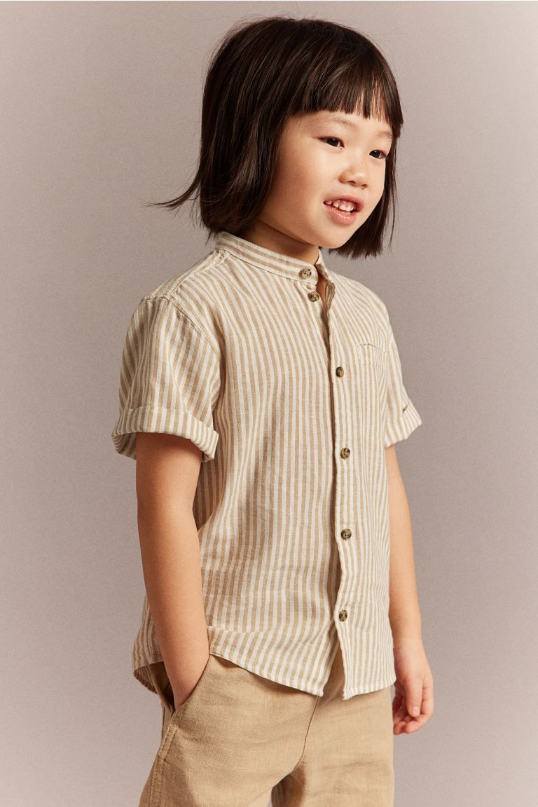 Short-sleeved Band-collar Shirt - White/beige striped - Kids | H&M US | H&M (US + CA)