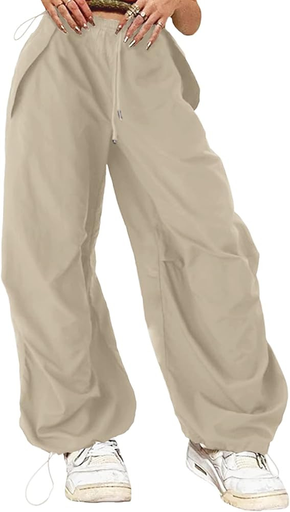 ONIRIKE Women's Parachute Pants Drawstring Elastic Waist Sweatpants Loose Baggy Y2K Cargo Pants T... | Amazon (US)
