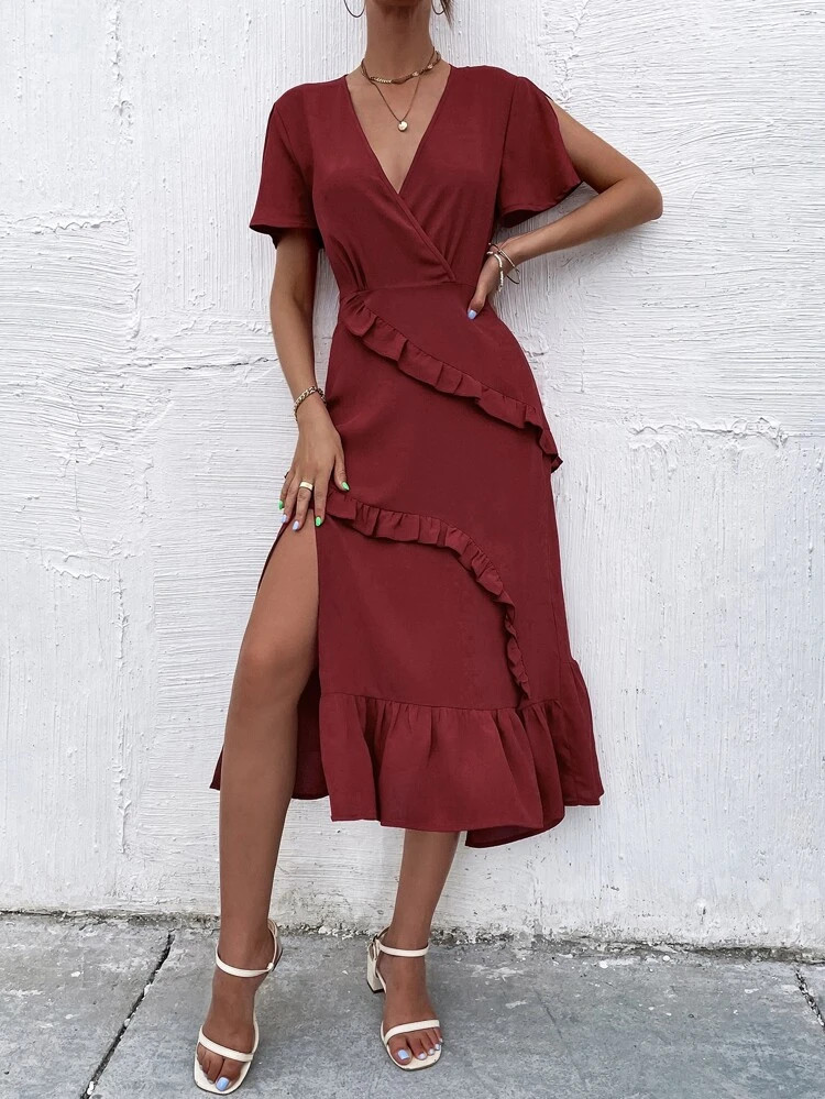 Surplice Neck Split Hem Frill Trim Dress | SHEIN