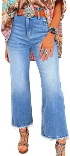 Astylish Womens High Waisted Jeans Stretchy Flared Straight Leg Loose Trendy Raw Hem Denim Pants | Amazon (US)