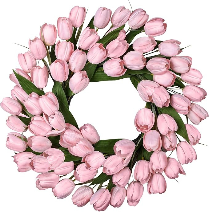24 Inch Tulip Spring Wreath for Front Door Summer Silk Wreath with Green Leaves Artificial Tulip ... | Amazon (US)