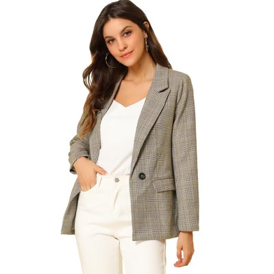INSPIRE CHIC Women's Notched Lapel One Button Boyfriend Plaid Suit Blazer Light Coffee X-Small | Target