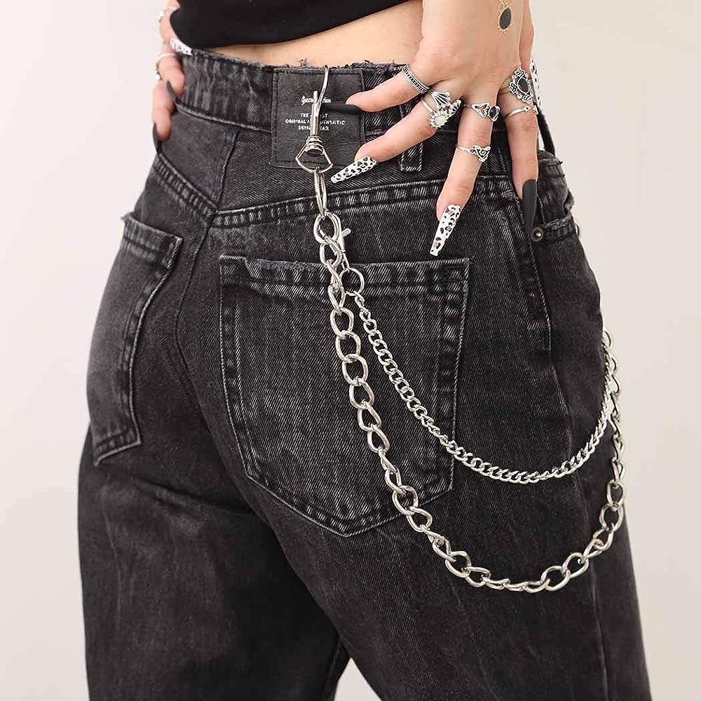 Bomine Hip Hop Pants Jean Chain Goth Punk Silver Trousers Chains Biker Heavy Thick Wallet Pocket ... | Amazon (US)