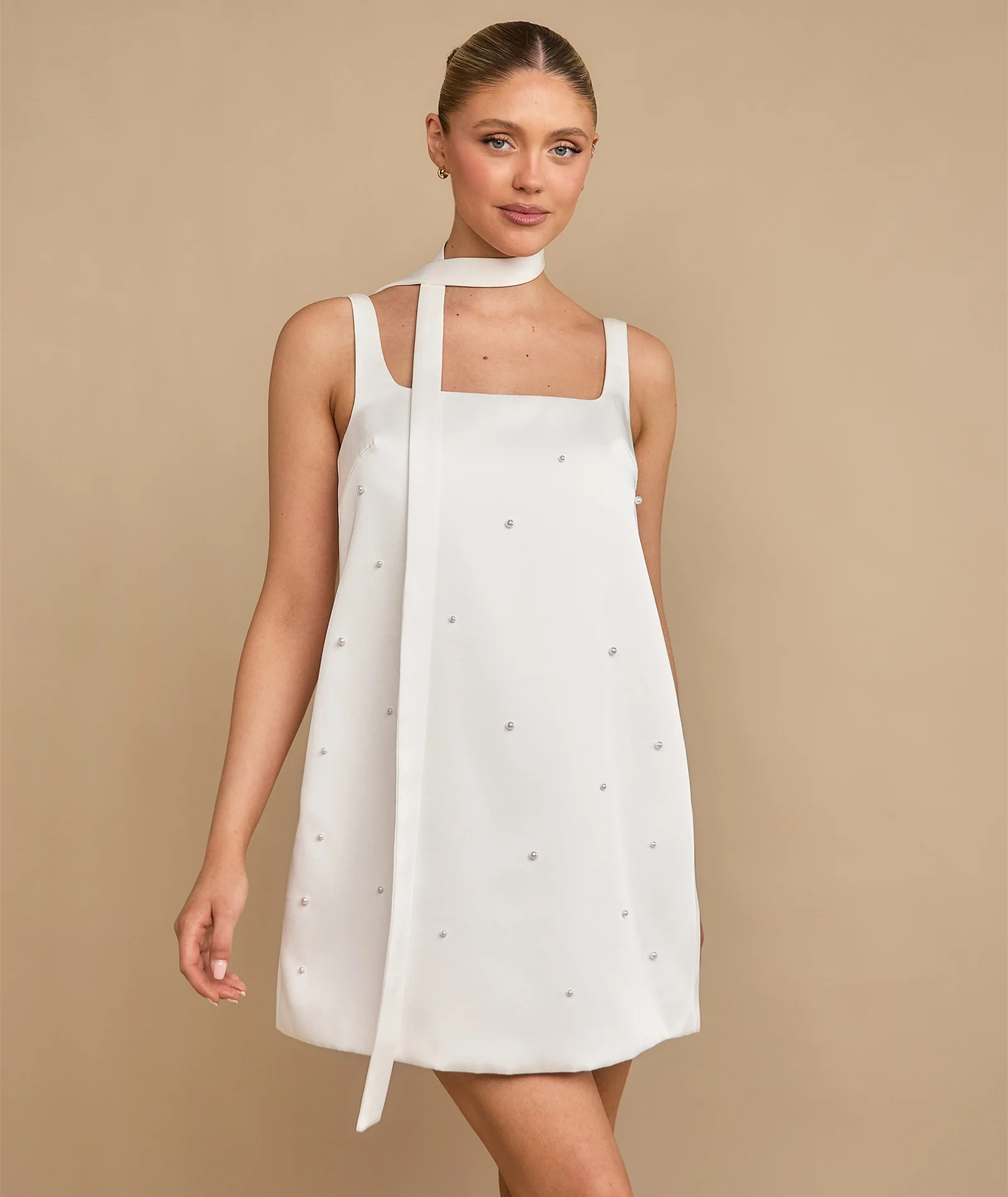 Pearl Scatter Detail Mini Dress with Neck Scarf – White | Six Stories