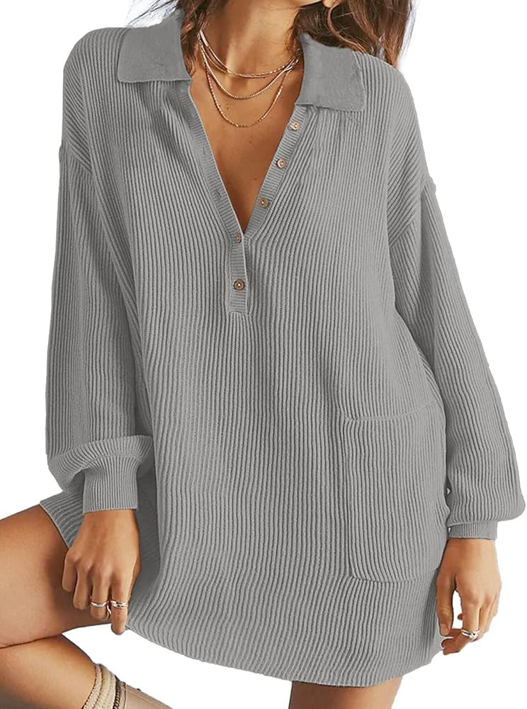 DEEP SELF Women's V Neck Oversized Mini Sweater Dress Long Lantern Sleeve Knit Ribbed Button Casu... | Amazon (US)