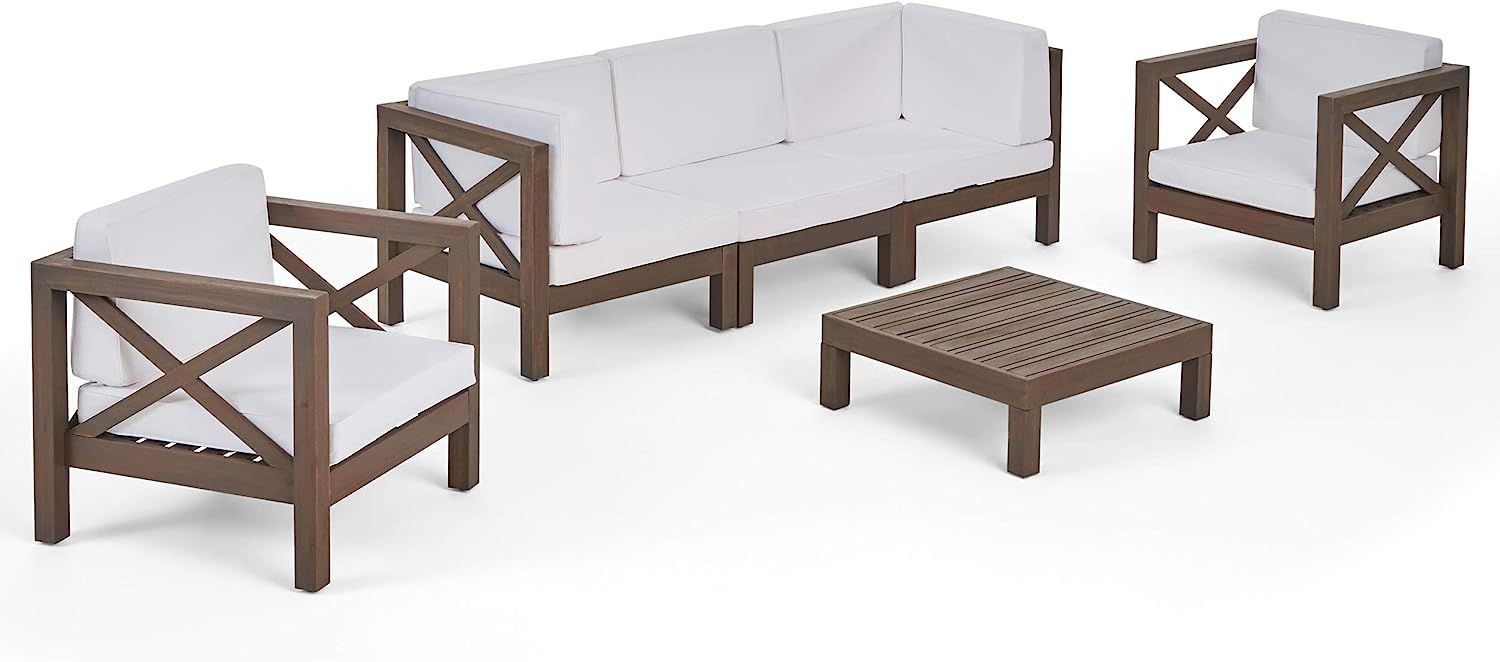 Great Deal Furniture Morgan Outdoor 5 Seater Acacia Wood Sofa Chat Set, Gray Finish and White | Amazon (US)
