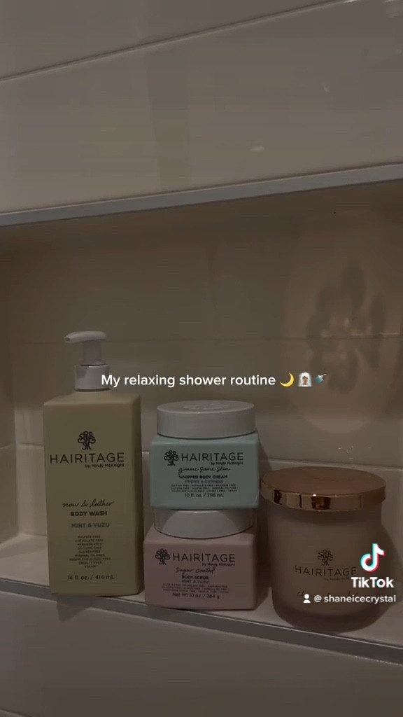 My relaxing shower routine using bath and body collection from @hairitagebymindy ! 🧖🏾‍♀️🫧 All of these products smell so good, are made with naturally-derived ingredients and are infused with aromatherapy benefits! Available at Walmart! 💕 #HairitagePartner #HairitageHairTok #showerroutine 

in my shower routine🫶🏾
Light Me Up Candle- Cherry & Amber
Now & Lather Body Wash- Mint & Yuzu
Sugar Coated Body Scrub- Mint & Yuzu
Gimme Some Skin Whipped Body Cream- Peony & Cypress



#LTKhome #LTKGiftGuide #LTKbeauty