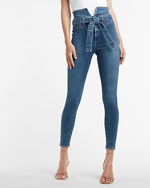 Super High Waisted Belted Paperbag Skinny Jeans | Express