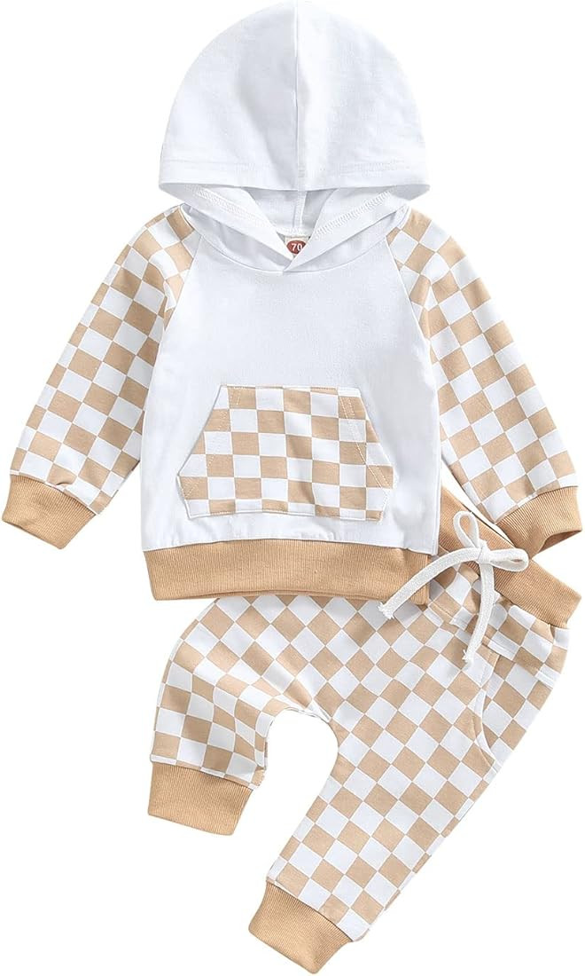 Toddler Baby Boy Girl Fall Winter Clothes Checkerboard Plaid Hoodie Sweatshirt Tops Elastic Waist... | Amazon (US)