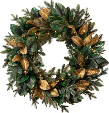 Balsam Hill Magnolia Gilded Leaf Pre Lit Artificial Wreath | Nordstrom | Nordstrom