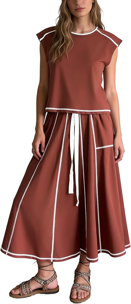 Womens 2 Piece Skirt Set Crewneck Cap Sleeve Top Midi Skirt Summer Vacation Lounge Matching Set | Amazon (US)