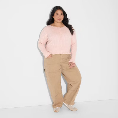 Women's Crewneck Ribbed Cardigan - Wild Fable™ Light Pink 1X | Target