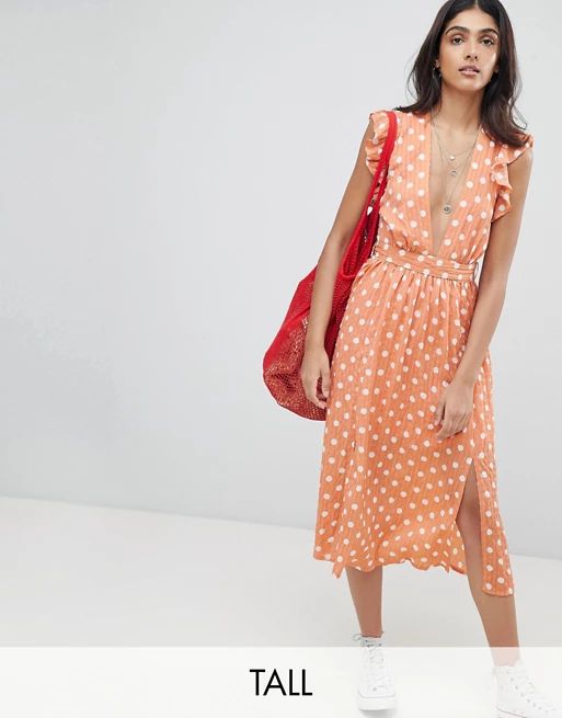Glamorous Tall Sleeveless Midi Dress With Flutter Sleeves In Polka Dot | ASOS US