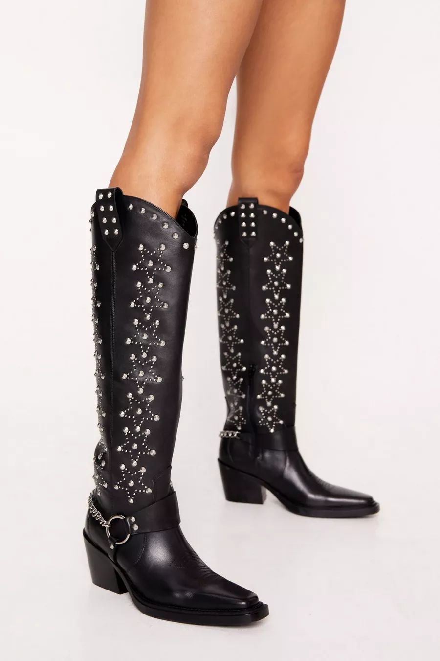 Leather Star Studded Knee High Cowboy Boots | Nasty Gal (US)