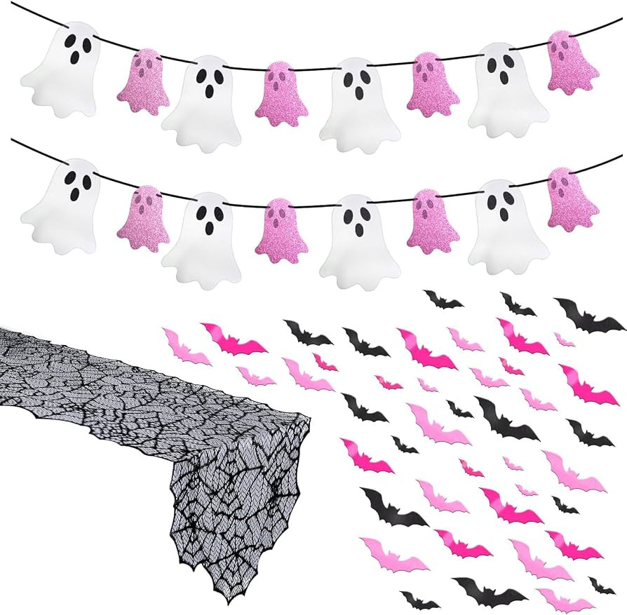 Halloween Decor Set, Ghost Banner, Bat Stickers, Spider Web Table Runner | Amazon (US)