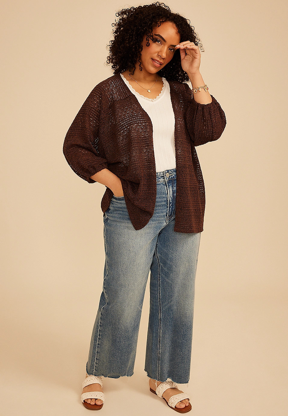 Plus Size Crochet Blouson Sleeve Open Front Cardigan | Maurices