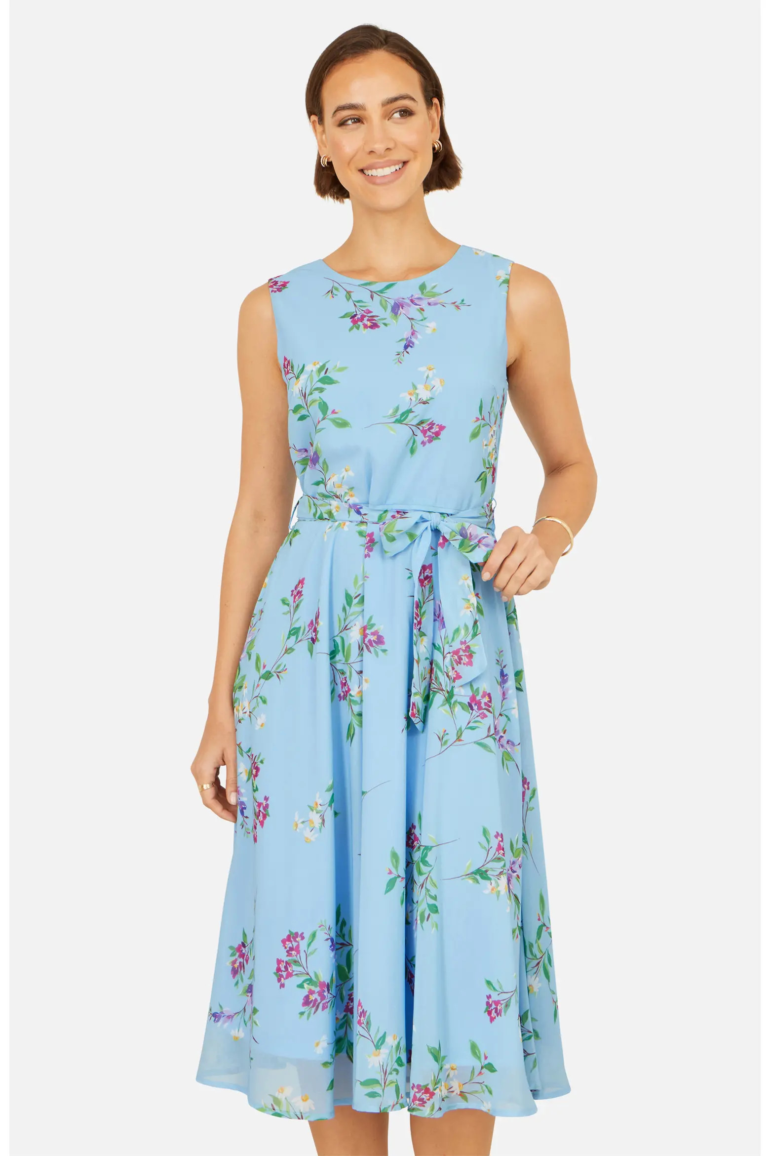 Yumi Sleeveless Tie Waist Printed Midi Dress (Women) | Nordstrom | Nordstrom