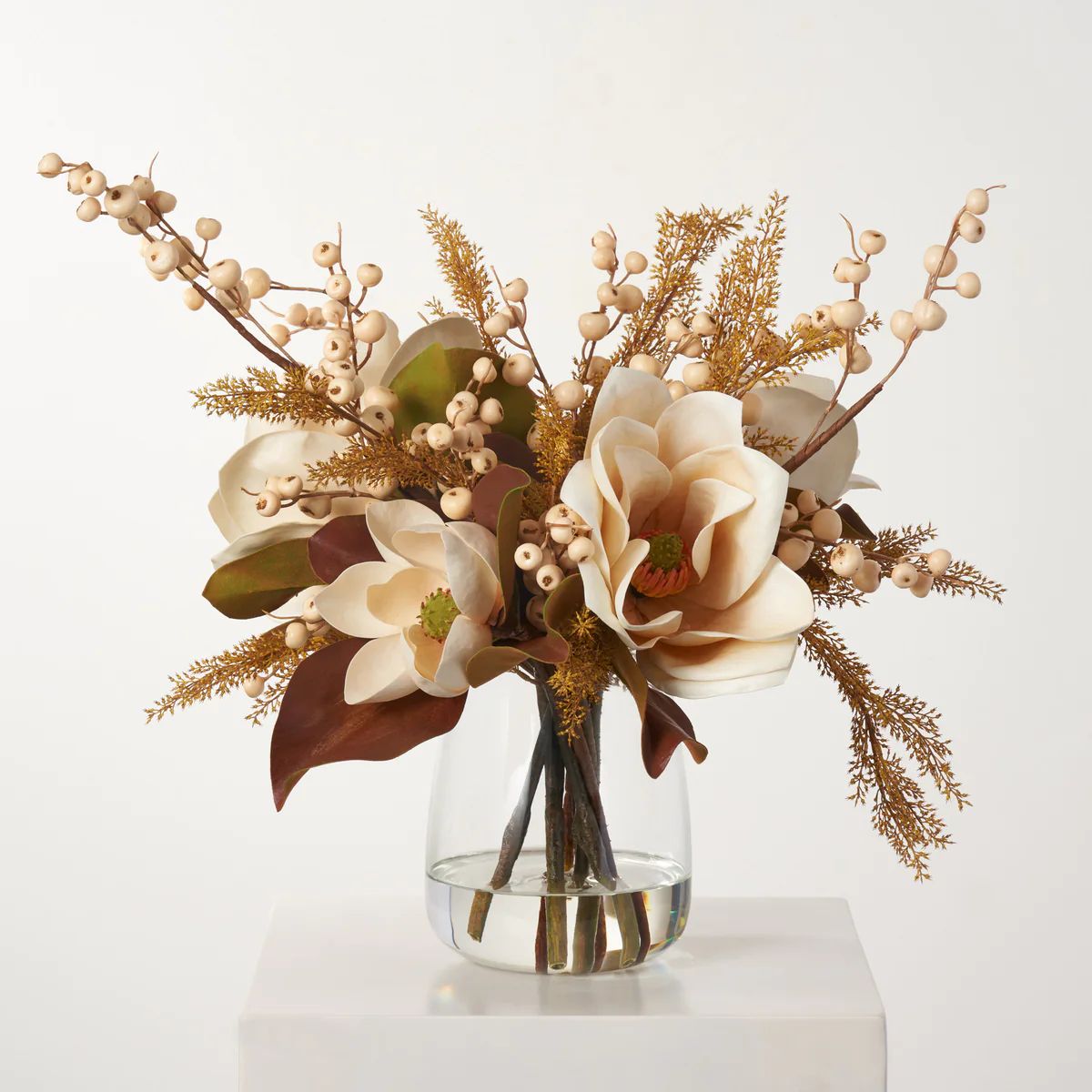 Fall Brown Magnolia Leaf & Cream Blooms with Wheat Grass, Hawthorn Berry Neutral Flower Water Ill... | Darby Creek Trading