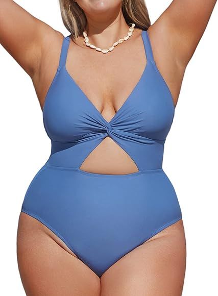 CUPSHE Women Swimsuit Plus Size One Piece Bathing Suit V Neck Twisted Cutout Front with Adjustabl... | Amazon (US)